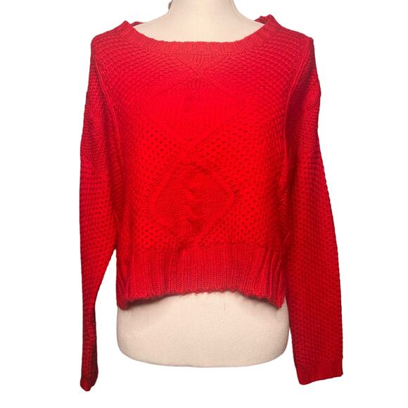 Delias Size Medium Red Crop Cable Knit Sweater High Low Hem Wide Neck Soft Y2K - Picture 2 of 7